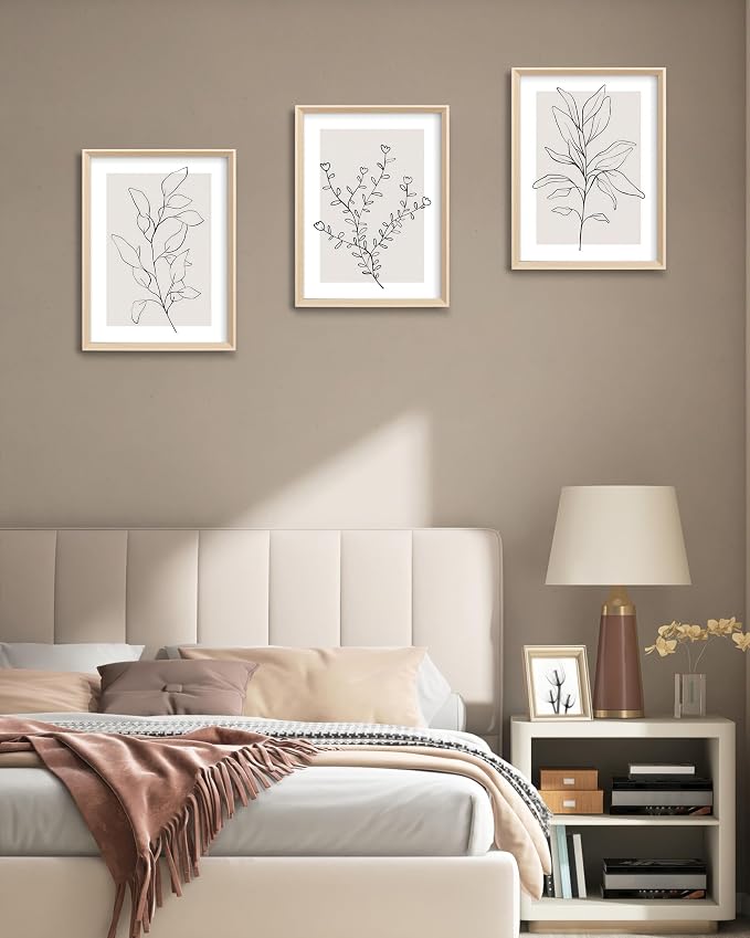 HesenDot Minimalist Botanical Framed Wall Art, Line Drawing Canvas Prints | 12x16IN Set of 3, High Framed Design Prints, Neutral Plant Artwork Wall Decor for Living Room Bedroom Bathroom Office