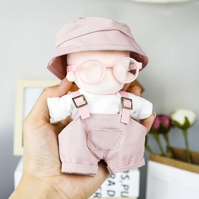 Doll Clothes (NO Doll) 17cm Pink Outfits for Dolls Cute Hat Overalls Set Glasses and White T-Shirt Exquisite Clothes Accessories (Pink Jumpsuit)