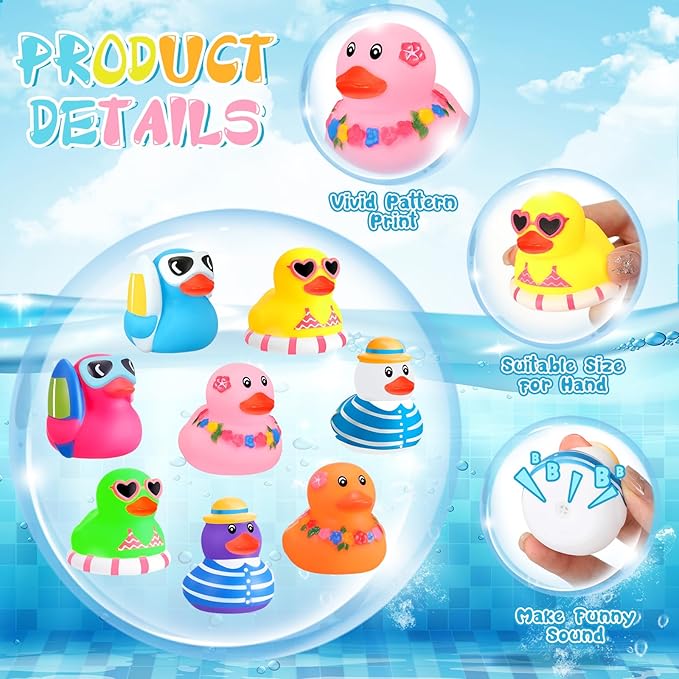 Honoson Summer Beach Rubber Duckies Bulk Mini Rubber Duck Bath Toys Float Bathtub Ducky Cute Squeaky Ducky for Classroom Carnival Summer Birthday Baby Shower Party Favor(8 Colors,24 Pcs)