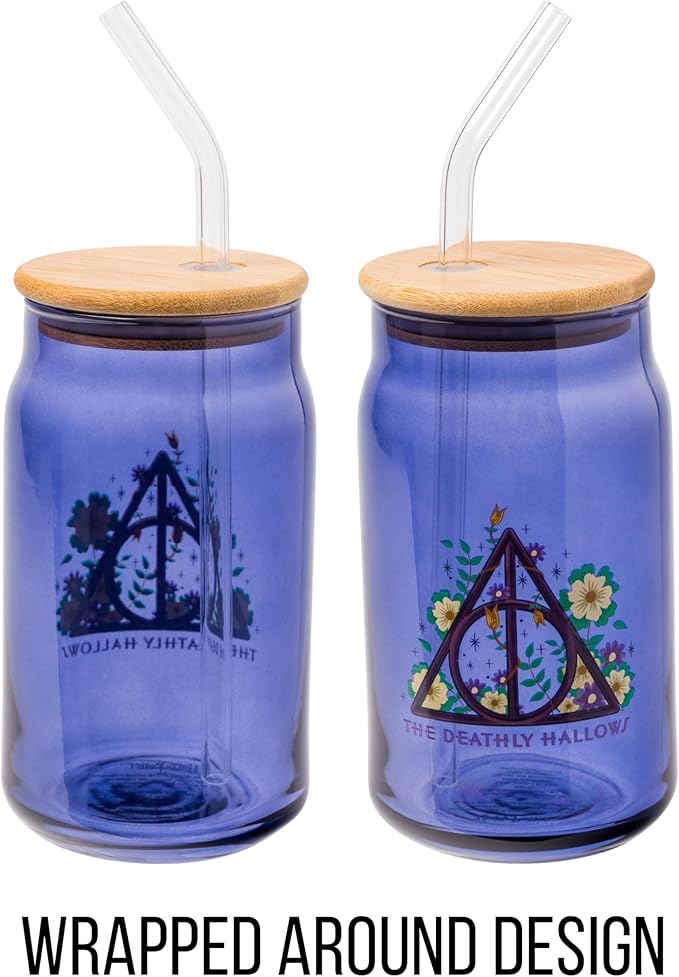 Silver Buffalo Harry Potter The Deathly Hallows Glass Tumbler with Bamboo Lid and Glass Straw, 16 Ounces