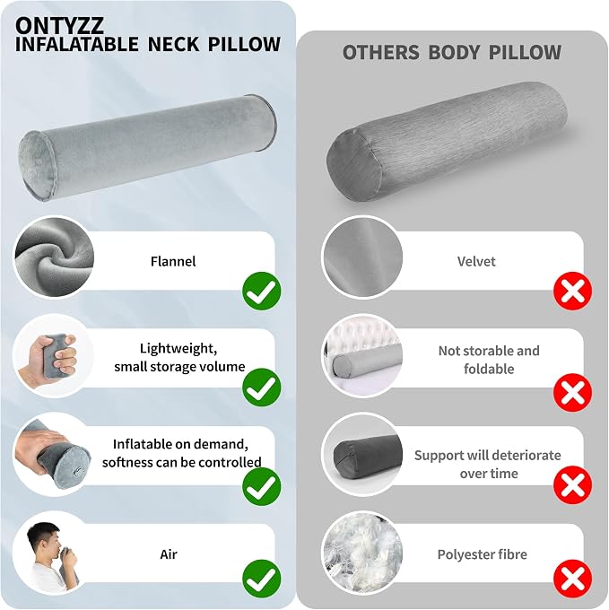 ONTYZZ Inflatable Round Neck Pillow Cervical Roll Pillow Cylinder Bolster Pillow for Head, Neck, Back, Legs and Yoga, Grey（4.92 * 14.96）