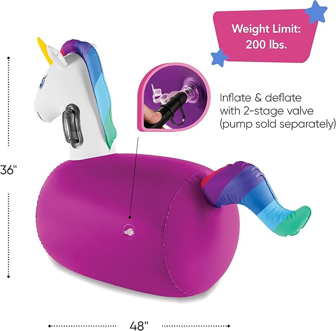 Hearthsong Hop N Go Inflatable Unicorn Riding Bouncy Hopping Toys for Kids Ages 5+ - Ride On Bouncer Animal Hopper Jumping Toys for Outdoor Games