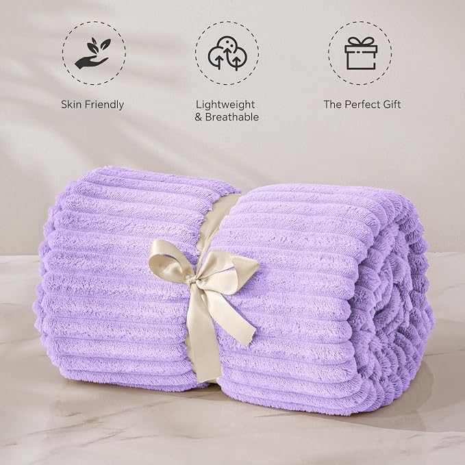 BEDELITE 3D Ribbed Pastel Lilac Fleece Twin Blanket for Bed, 60x80 Inch | Soft Warm Decorative Fluffy Blanket, Cozy Plush Lightweight Fuzzy Throw Blanket for Couch Sofa Room Decor, Gift for Women