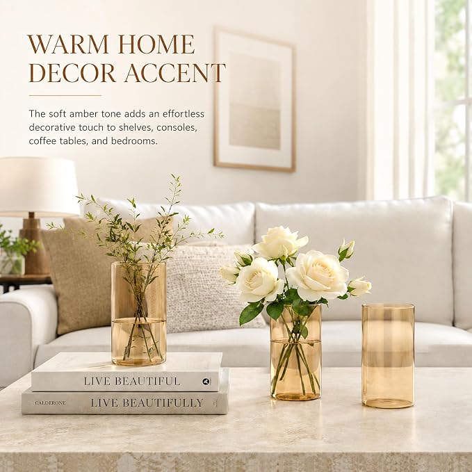 12pcs 6 Inch Gold Amber Glass Cylinder Vases for Centerpieces | Flower Vases for Wedding, Home & Party Decor, Hurricane Floating Candle Holders for Table & Shelf
