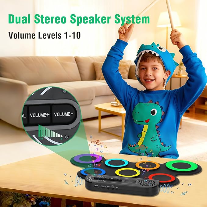 Electronic Drum Set, 7-Pad Kids Electric Drum Set Dual Stereo Speaker, MIDI. Portable Roll Up Drums Practice Pad for Kids, Perfect Birthday&Christmas Gift for Boys&Girls