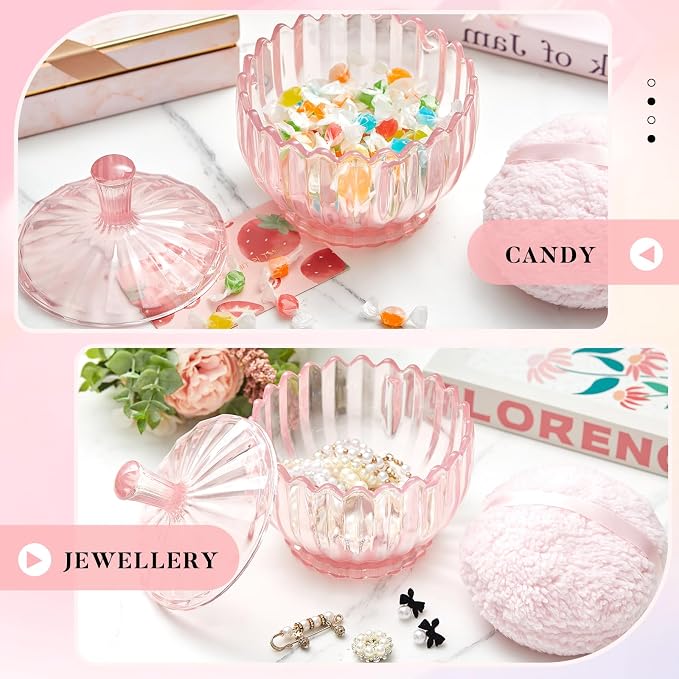 Tioncy 2 Pcs Extra Large Dusting Powder Puff and Container for Women-6'' Glass Crystal Dusting Powder Container Soft Washable Reusable Velour Face(Pink,Scalloped)