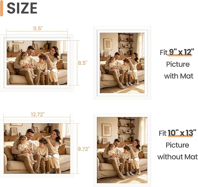 upsimples 10x13 Picture Frames, Display Pictures 9x12 with Mat or 10 x 13 Without, Wall Hanging Photo Frame, White, 1 Pack