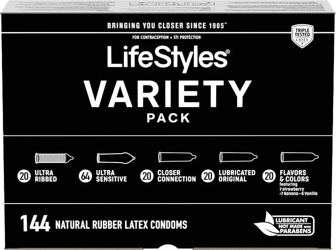 LifeStyles Variety Pack Natural Rubber and Lubricated Latex Condoms, 144 Count, Triple Tested (Pack of 1)