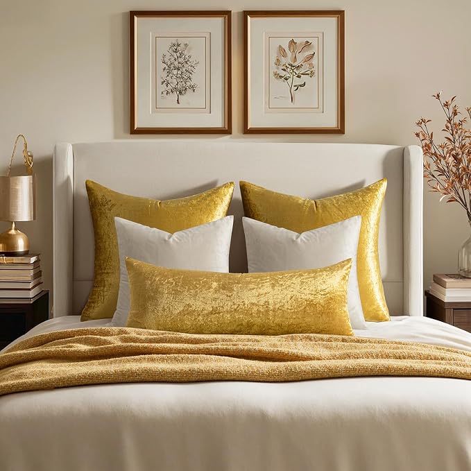 MIULEE 24x24 Inch Pack of 2 Euro Velvet Throw Pillow Covers Golden | Soft Solid Decorative Euro Sham, Modern Luxury Home Decor, for King Bed Sofa Couch Bedroom Livingroom