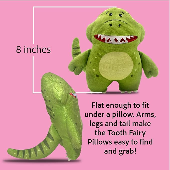 The Tooth Brigade Tooth Fairy Pillow | Stuffed Plush with Large Pocket Mouth for Lost Teeth, Treasures, Prizes - Fun and Interactive Plush, Perfect Kids, Boys, & Girls Gift (Rebel Dinosaur)