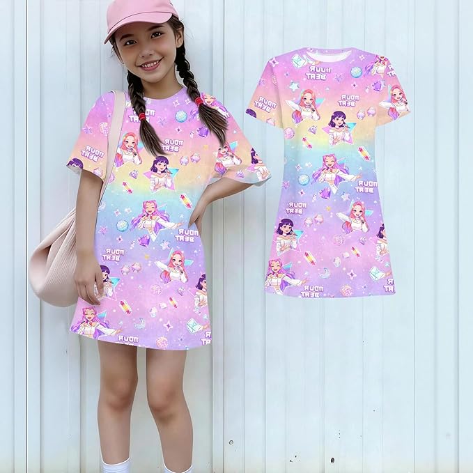Girl's Anime K-POP Graphic Long Dress T-Shirt - Casual Loose Fit Short Sleeve Top