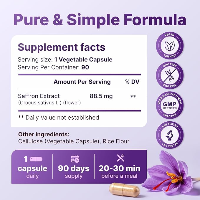 Saffron Supplements - 100% Pure Saffron Extract Capsules - Boost Energy & Mood, Support Eye & Heart Health, Focus, Vision - Pure Saffron Extract 88.5 mg - Made in USA for Women & Men - 90 Capsules