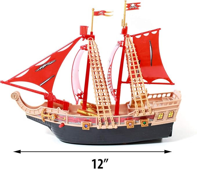 Toy Pirate Ship Boat Adventure Playset with Lights Sounds Action Figures, Red, Boys, Ages 3+