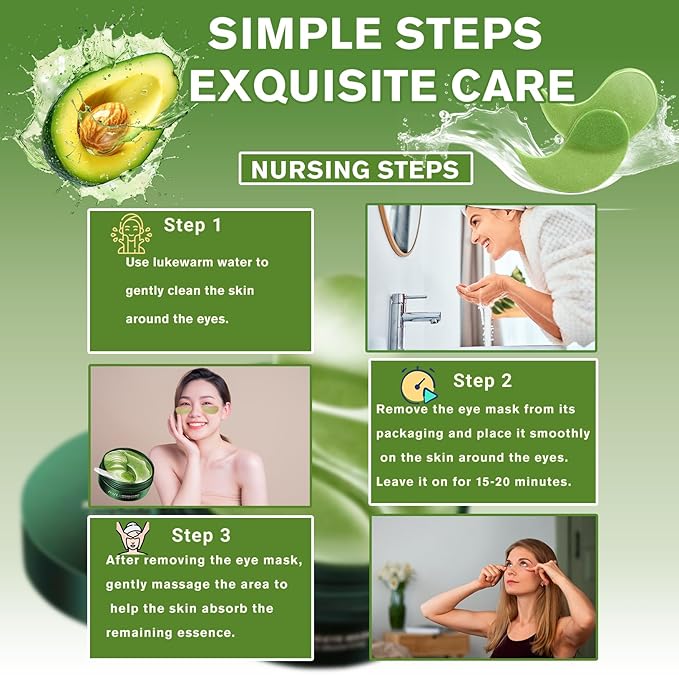Avocado Under Eye Patches (60 PCS), Collagen Eye Mask for Dark Circles and Puffiness, Hydrating Under Eye Pads for Women & Men