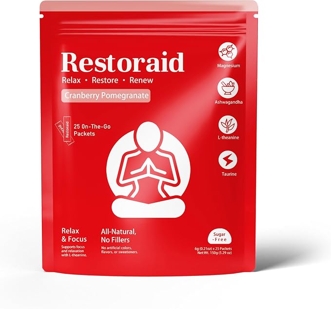 Restoraid Relaxation Drink Mix – 25 Packets | Magnesium, L-Theanine, Ashwagandha, Taurine, Glycine | Calming & Relaxing Supplement (Cranberry Pomegranate)
