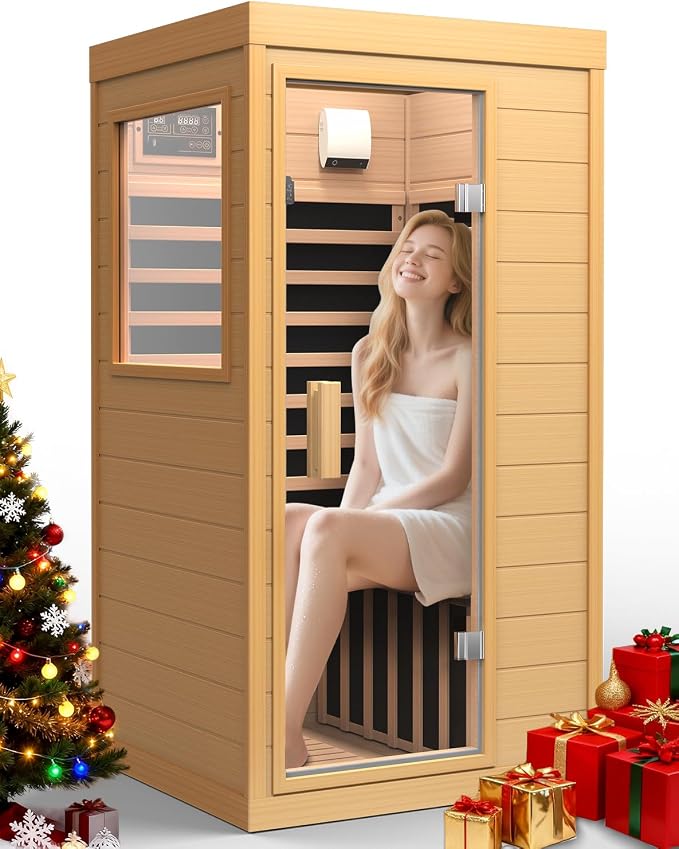 Sauna Infrared Sauna, Hemlock 1 Person Dry Sauna with Backrest, 1062W Fast Heating Low EMF Sauna with 5 Carbon Heaters, Sauna Infrared with Bluetooth & Integrated Speakers (Wood)