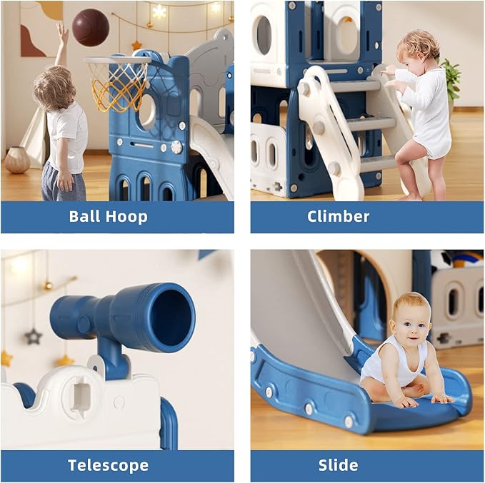 YUFU 6 in 1 Toddler Slide, Kids Climber Slide with Basketball Hoop and Ball, Indoor Outdoor Playset for Toddlers Age 1-3 (Blue Gray)