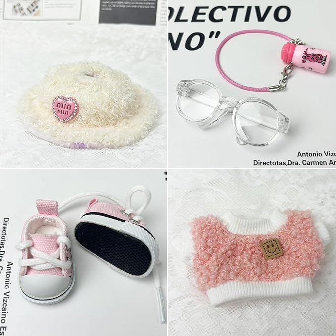 17cm Doll Clothes 5 PCs Accessories Outfits Pink Shoes Sweater Glasses Hat Bottle Clothing Set for Keychain, No Doll(Pink)