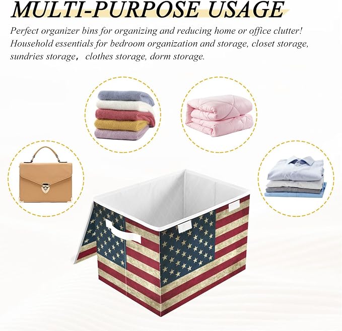 American Flag Storage Bins with Lids and Carrying Handle,Foldable Storage Boxes Organizer Containers Baskets Cube with Cover for Home Bedroom Closet Office