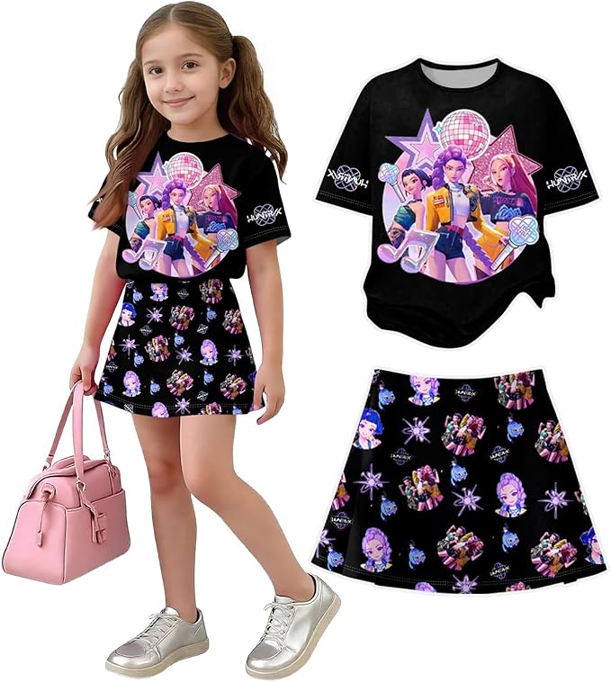 HTHLVMD K Pop Short Sleeve T-Shirt and Skirts Outfits Set for Girls Hunters Rumi Mira Zoey Graphic Tees De-Mon Costume