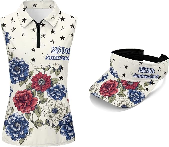 POLERO Golf Tank Top Women Golf Shirts and Visor Hat Collared Racerback Tennis Shirt Set Quarter Zip