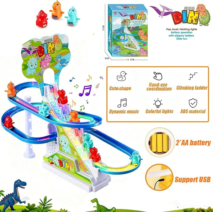 Dinosaur Climbing Toy Set Electric Light Slide Climbing Toys for Automatic Stairs,Playful Santa Race Game Christmas Roller Climbing Toys with LED Light and Music for Toddlers Boys Girls