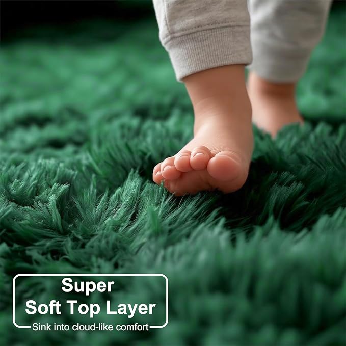 Amdrebio Dark Green Shaggy Area Rug 5x8 for Boys Bedroom Living Room Office | Fluffy Fuzzy Shag Kids Carpet, Classroom Dorm Nursery Playroom Decor, Vintage Rustic Farmhouse Aesthetic, Emerald Green Color