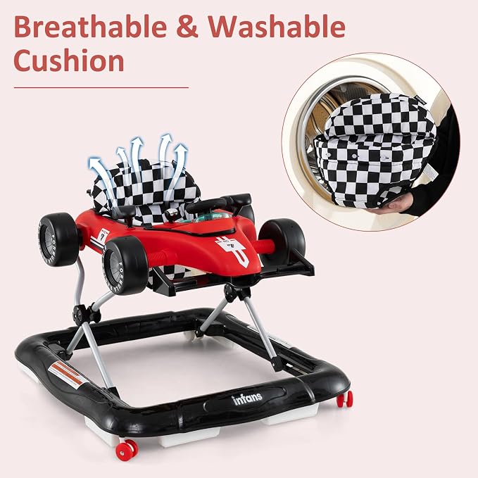 INFANS 4 in 1 Baby Walker, Foldable Toddler Activity Center with Adjustable Height, Padded Seat, Music, Light, Removable Tray, Push Walker for Girls Boys Aged 6-18 Months (Red)
