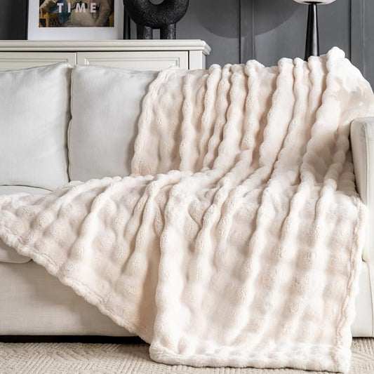 Off White Faux Fur Throw Blanket for Couch, Soft Fluffy Bubble Blanket for Bed Sofa, Thick Warm Plush Fuzzy Rabbit Fur Blanket for Fall and Winter, 50"X 60"