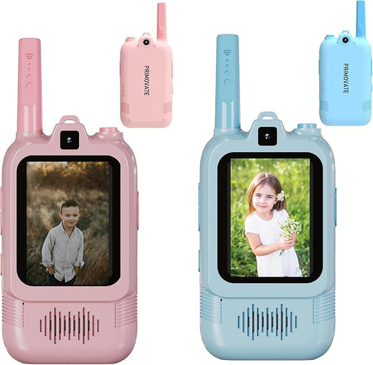 Video Walkie Talkies for Kids 2 Pack with Dual Camera, 2.0” Screen, Voice Chat & Photo Capture – 150–500m Range, Fun Voice Effects, Auto Pairing, 650mAh Rechargeable Battery