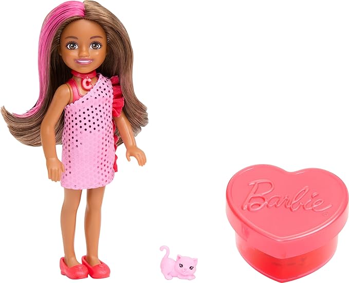 Barbie Party Unboxed Chelsea Doll Set, Glam Party Series with 6 Surprises Including Pet & Color Change (Styles May Vary)