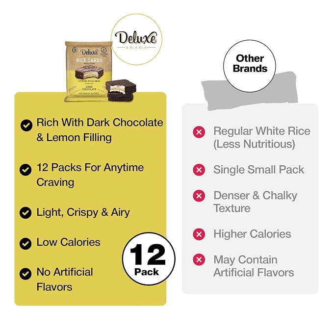 Deluxe & Bla Bla Stuffed Rice Cakes - Whole Grain Chocolate Rice Cake,Gluten Free,Low Calorie,(Alfajor) Kosher Certified - Lemon Filled Rice Cakes coated with Dark Chocolate, 28g Each (12 Pack)