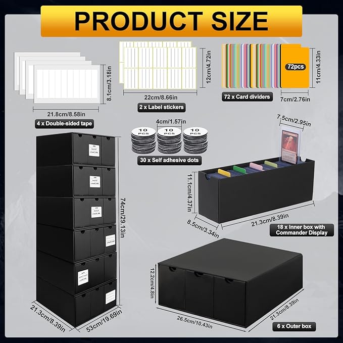 Trading Card Storage Box, 10800+ Card Organizer with 18 Inner Boxes & 72 Card Dividers, Fits Sleeved Cards & Toploaders for MTG, TCG, YGO, PTCG, Sports Cards, with Labels & Tapes