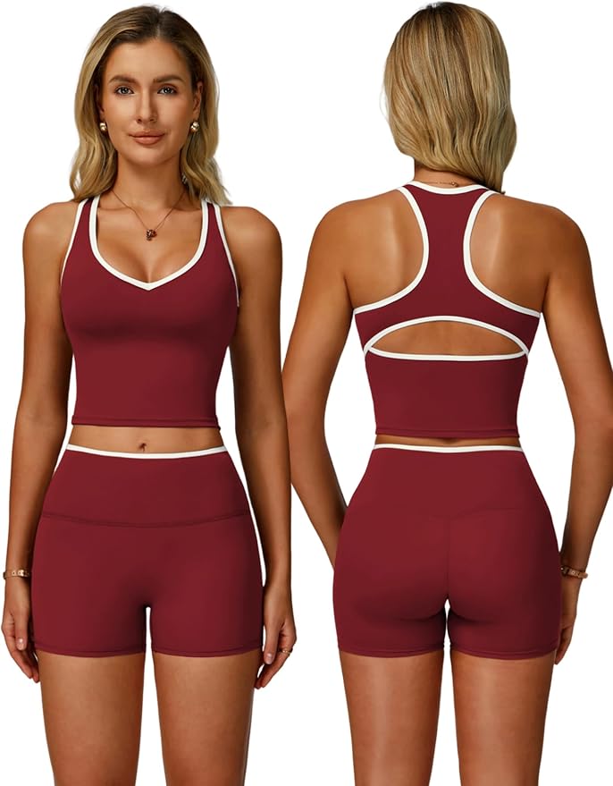 Women 2 Piece Workout Sets Racerback Color Block Tank Top High Waist Tummy Control Shorts Yoga Outfits