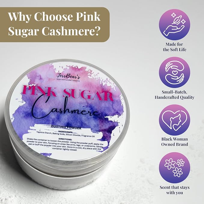 Pink Sugar Cashmere Dusting Powder for Women, 4oz Jar | Talc Free Body Formula, Soft Scented Skin Care, Gentle Powder for Daily Freshness, Includes Puff Application