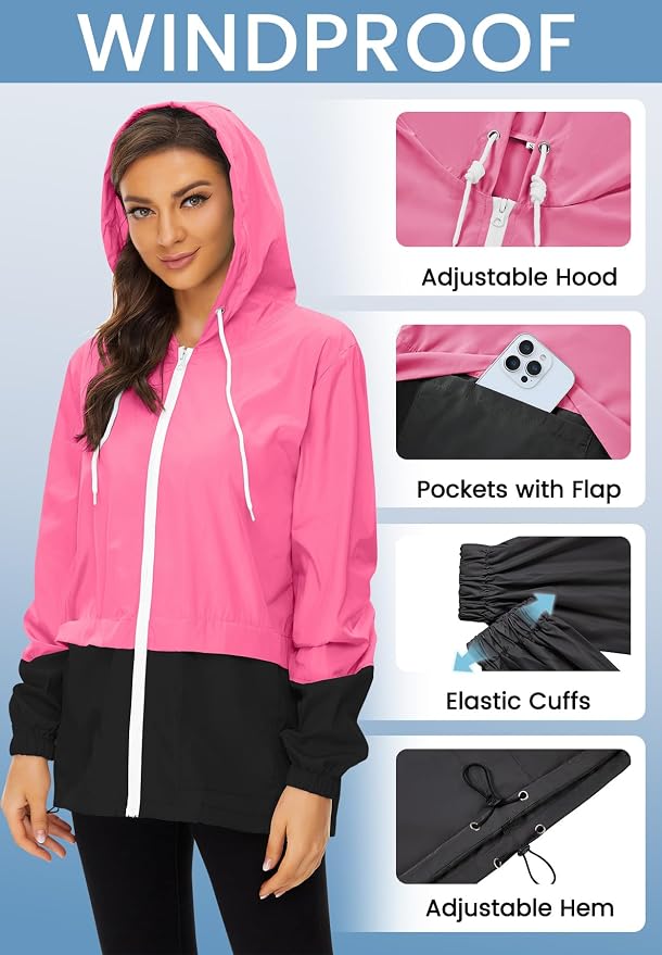 Zando Lightweight Rain Jacket Women Packable Waterproof Raincoat with Hood | Windbreaker Jacket Women, Light Raincoats for Drizzle, Rain Coats for Travel, Hiking and Commute