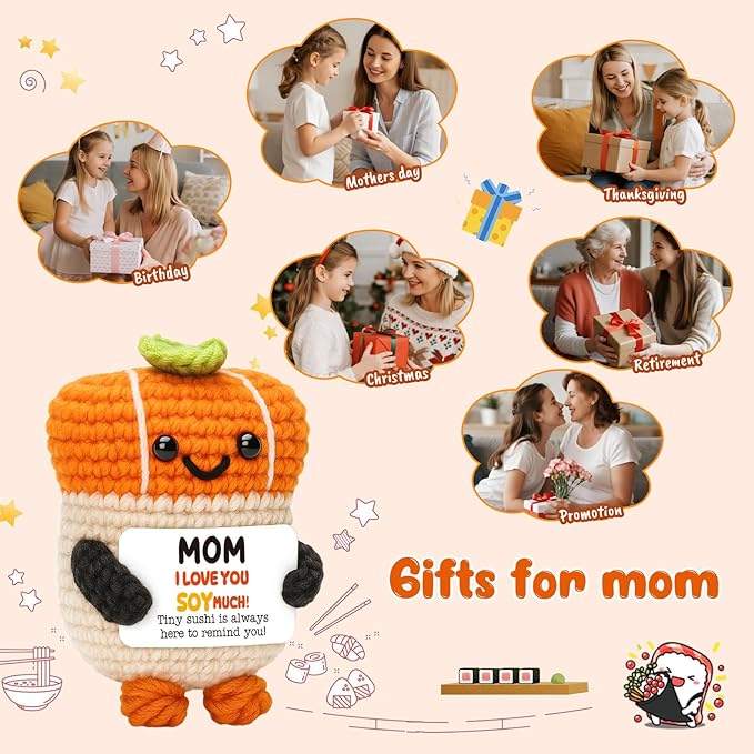 Birthday Gifts for Mom from Daughter Son Handmade Crochet Sushi I Love You Mom Gifts for Mama Mother in Law Bonus Step Mothers Birthday Christmas Stocking Stuffers Present Ideals Cute Emotional Decor