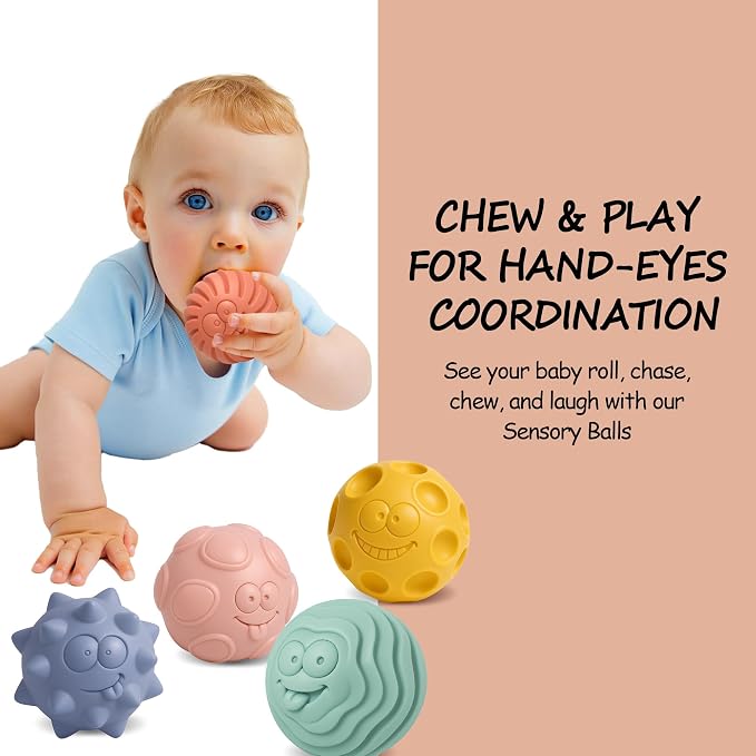Sensory Balls for Baby, 6PCS Soft Textured Balls for 6-12M | Smiling Faces, Colorful Infant Ball Toys, Tummy Time, Learning & Travel, Montessori Gift for Baby Boys & Girls