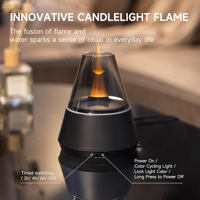 TMEHM Essential Oil Diffuser, 7 Colors Candle Flame Air Diffuser Humidifier, Ultrasonic Aromatherapy Humidifier with Timer for Home, Bedroom, Office, Yoga (Black, M)