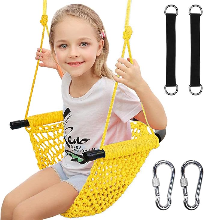 Hi-Na Kids Swing Seats Indoor Hand-Made with Adjustable Rope, Outdoor Tree Child Swing Seat for Backyard, Playground, Outside, Yellow, Polyester