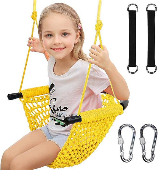 Hi-Na Kids Swing Seats Indoor Hand-Made with Adjustable Rope, Outdoor Tree Child Swing Seat for Backyard, Playground, Outside, Yellow, Polyester