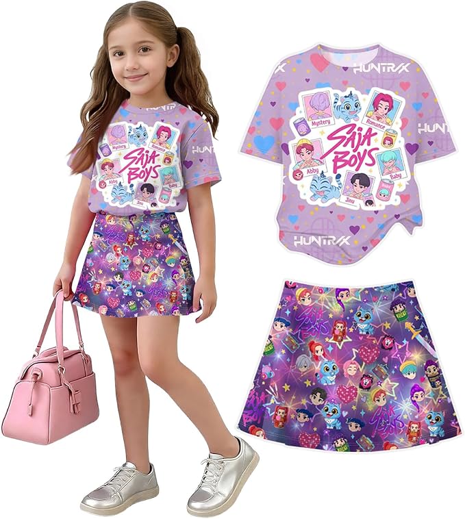 HTHLVMD K Pop Short Sleeve T-Shirt and Skirts Outfits Set for Girls Hunters Rumi Mira Zoey Graphic Tees De-Mon Costume