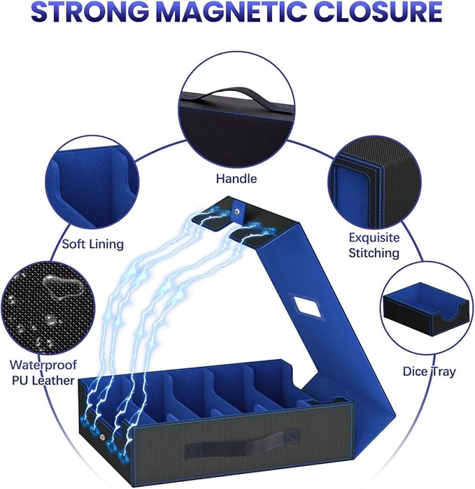 Trading Card Storage Box, 5 Row Card Deck Case with Commander Display & Portable Handle, 4200+ Card Deck Boxes Compatible for MTG TCG Magic Cards, 30 Divider, 8 Supporters, 1 Dice Tray (Black & Blue)