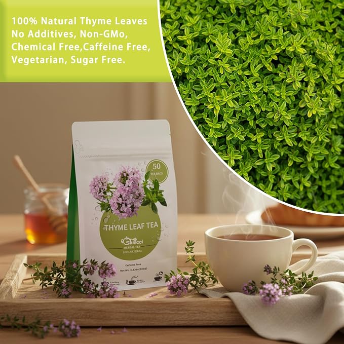 Samcci - Thyme Tea Bags, 50 Count - Made with 100% Pure Thyme Leaves, Supports Digestion, Caffeine-Free, Additive-Free, Sugar-Free, Gluten-Free, Vegan.Non-GMO, Plant-Based Corn Fiber Mesh Bags