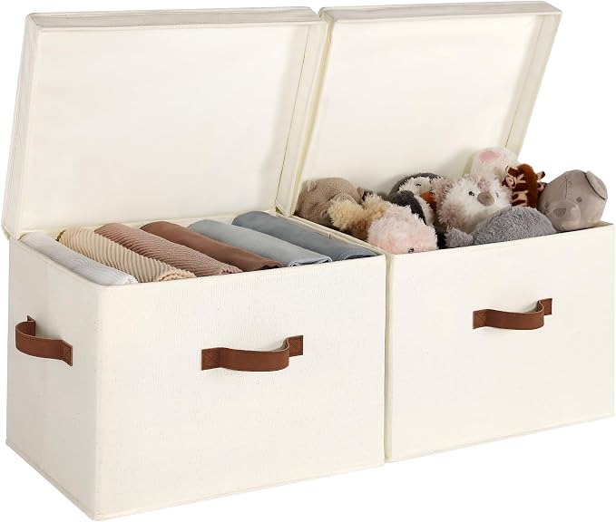 StorageWorks Fabric Storage Bins with Lid, Decorative Storage Boxes for Shelves, Stackable Closet Organizer Basket with Handles, Jumbo, Ivory White, 2-Pack | Flip-Top Lid, 3 Handles, Collapsible, Stackable, for Clothes Blankets, Multi-Purpose, Jumbo, I...