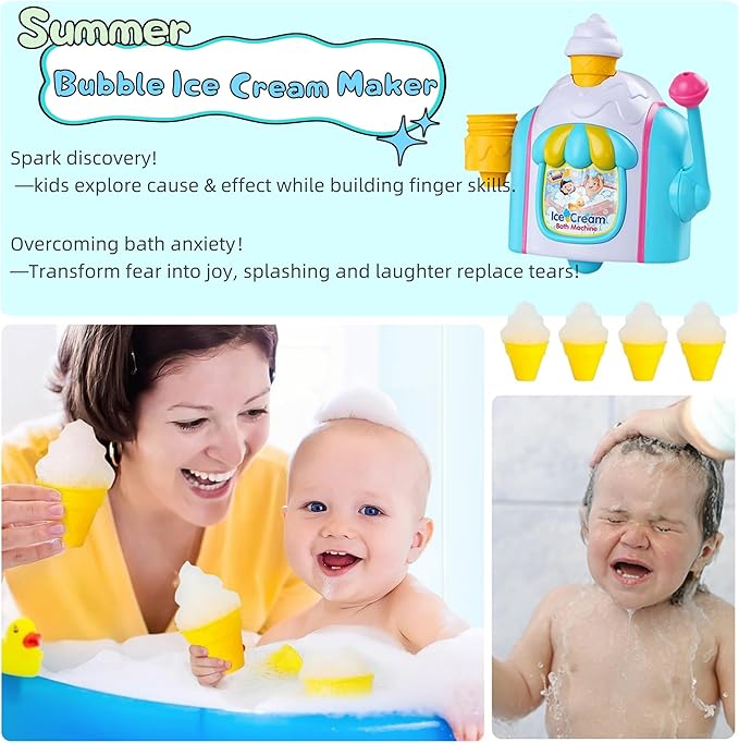 Bath Toys for Kids Ages 3-5, Ice Cream Bath Machine, Bubble Bath Toy, Ice Cream Foam Maker Bathtub Toy with Anti-Slip Buckle Not Fall, Bathtub Shower Toys for Toddlers Ages 6-12-18 Month