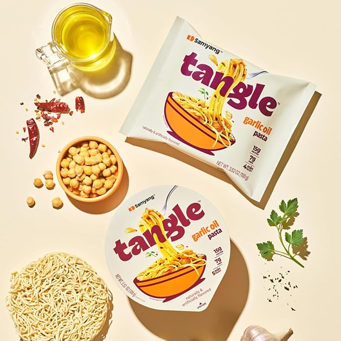 Tangle Garlic Oil Instant Pasta, 15g Protein Linguine, 6g Fiber, 4-Pack | 15g protein, 6g fiber per serving; Chickpea-based air-dried noodle; Roasted garlic and olive oil with a spicy kick