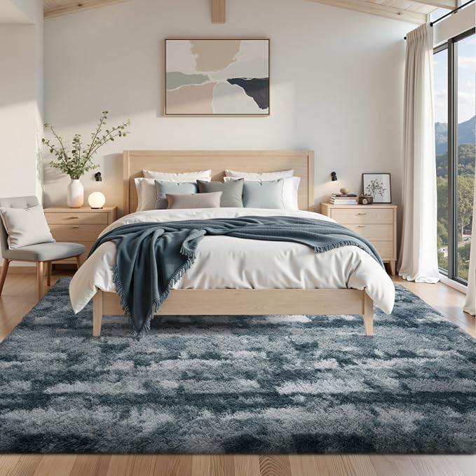 Area Rugs for Living Room 6x9 Feet, Soft Fluffy Shagg Plush Bedroom Rug Non-Slip,Large Carpet for Nursery Kids Dorm Home Decor Grey and Blue