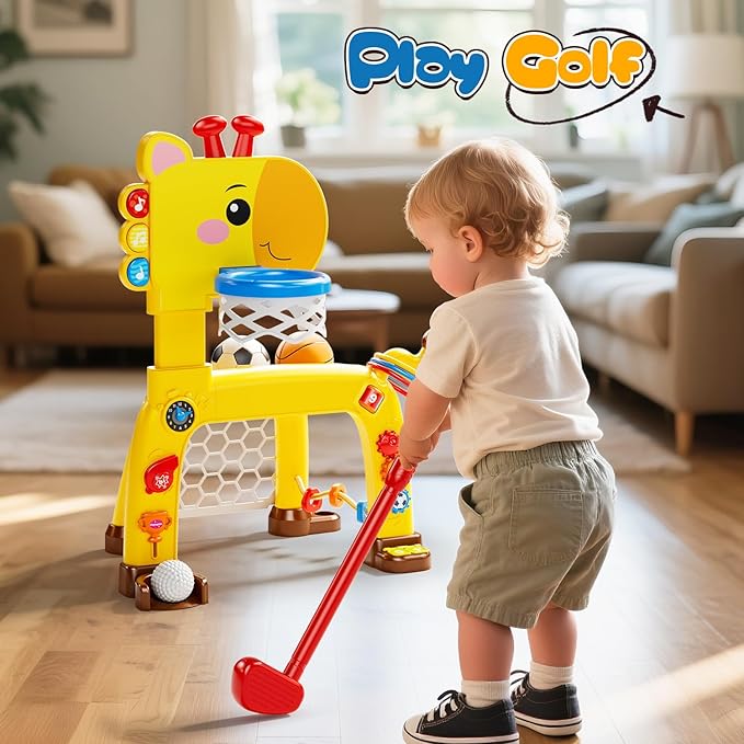 4-in-1 Toddler Basketball Hoop, Soccer Goal, Golf Toy & Ring Toss Game with Lights and Music, Kids Sports Activity Center Gifts for Boys and Girls Ages 1-3