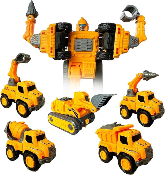 OTONOPI 5-In-1 Transforming Robot Toys - 5 Construction Trucks Transform into Huge Robot Alloy Deformation Combination Action Figures Set for Kids Toddler Boys Girl Age 3-12+